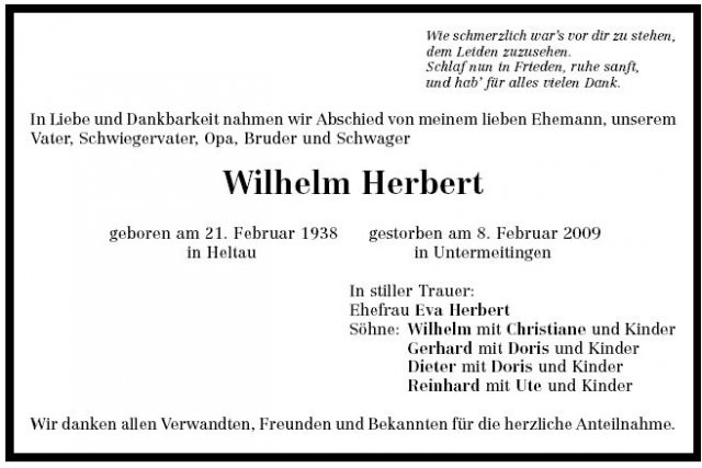 Herbert Wilhelm 1938-2009Todesanzeige